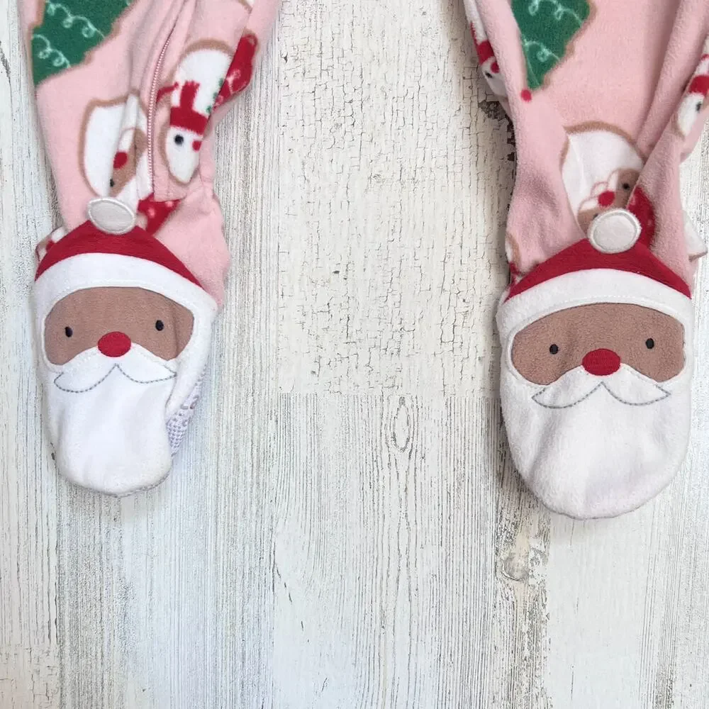 🍄 3/$15 Carter’s Fleece Footie Pajamas Girls 2T Pink Christmas Santa Snowman